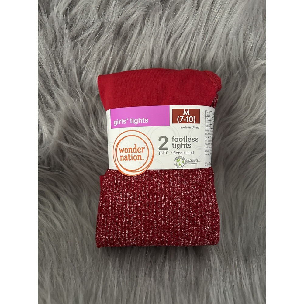 Wonder Nation‎ Footless Fleece Lined Tights Girls Size Medium 2 Pack Red & White